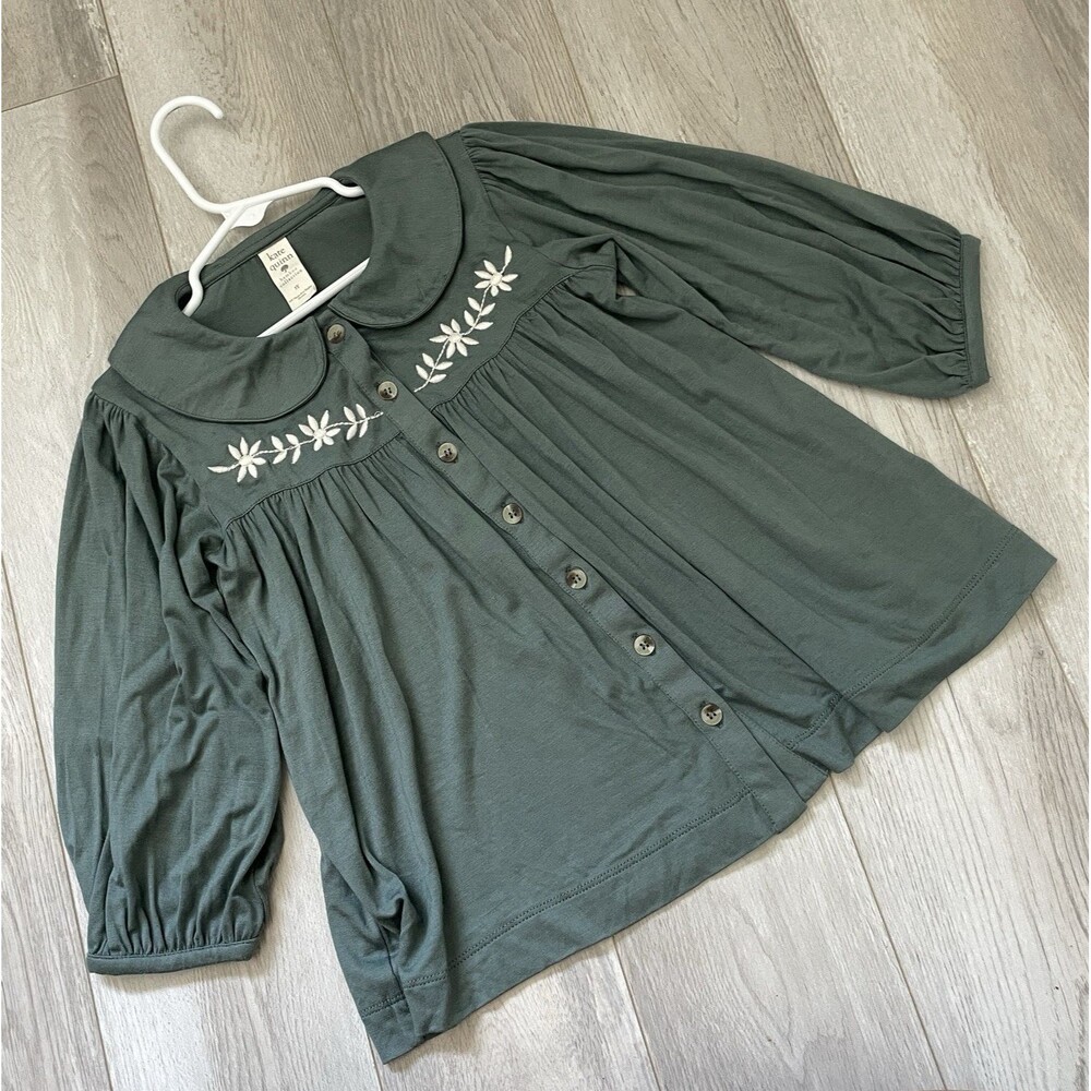 Kate Quinn Blouse bamboo embroidered peter pan collar girls Green (size 3T)